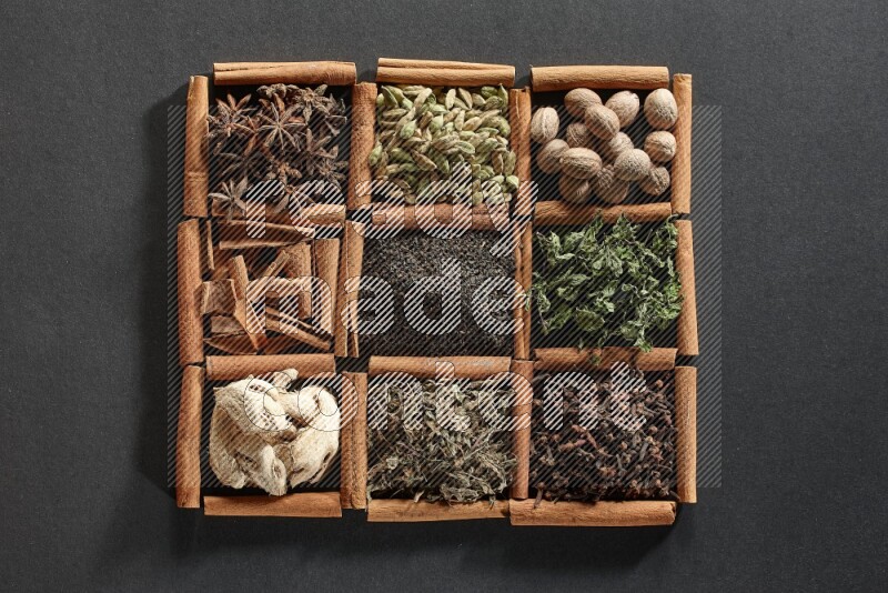 9 squares of cinnamon sticks full of tea in the middle surrounded by nutmeg, dried mint, cloves, dried basil, dried ginger, cinnamon, star anise and cardamom on black flooring