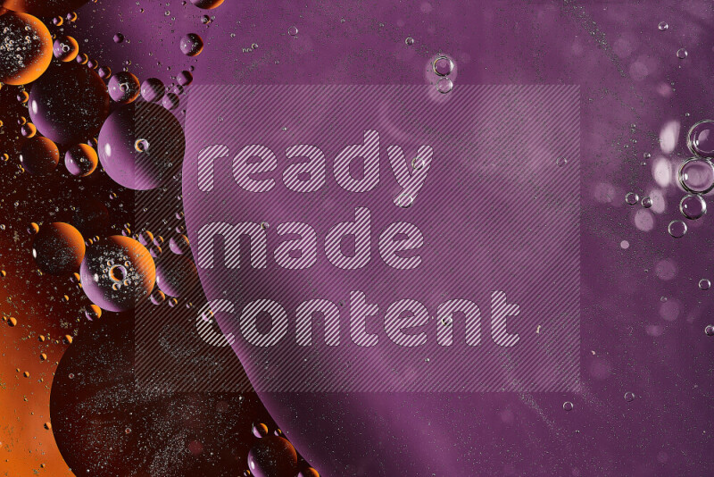 Close-ups of abstract oil bubbles on water surface in shades of orange and purple