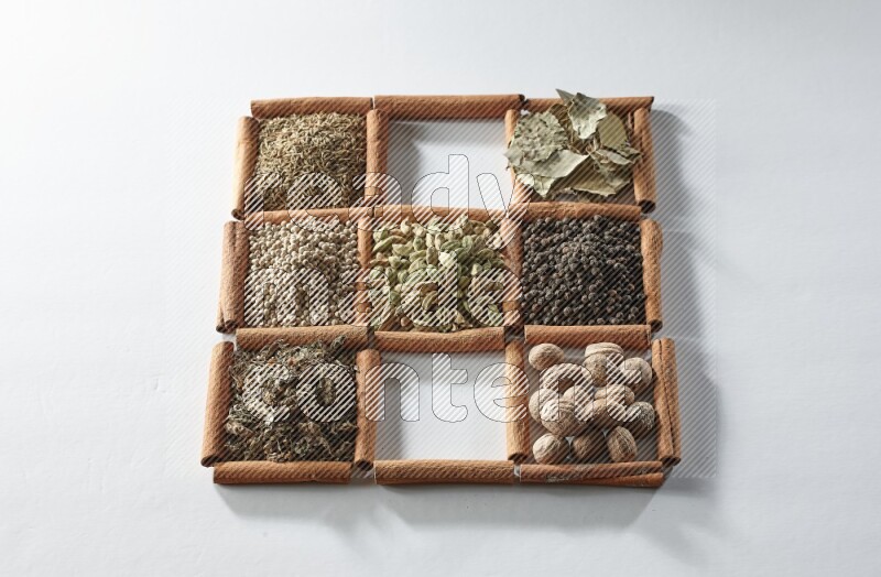 9 squares of cinnamon sticks full of cardamom in the middle surrounded by nutmeg, salt, dried basil, white pepper, cumin, allspice, bay laurel leaves and black pepper on white flooring