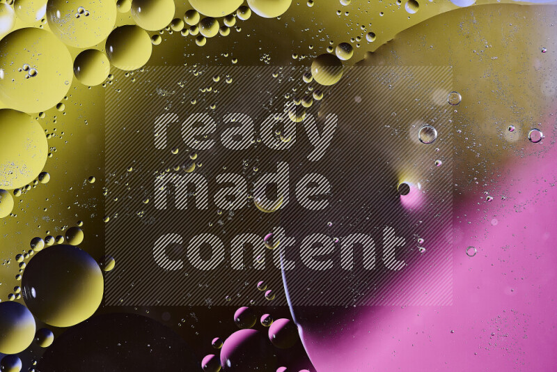 Close-ups of abstract oil bubbles on water surface in shades of yellow, pink and black