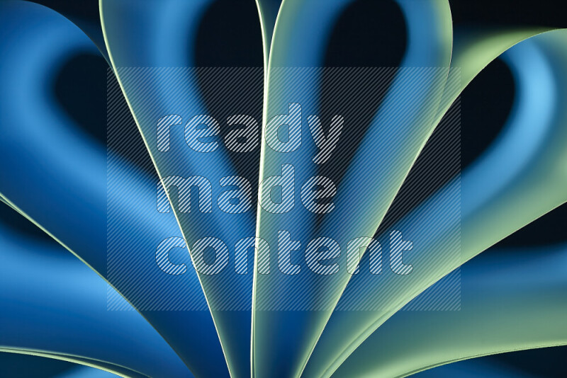 An abstract art piece displaying smooth curves in blue and green gradients created by colored light