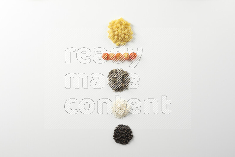 Red sauce pasta recipes ingredients on white background