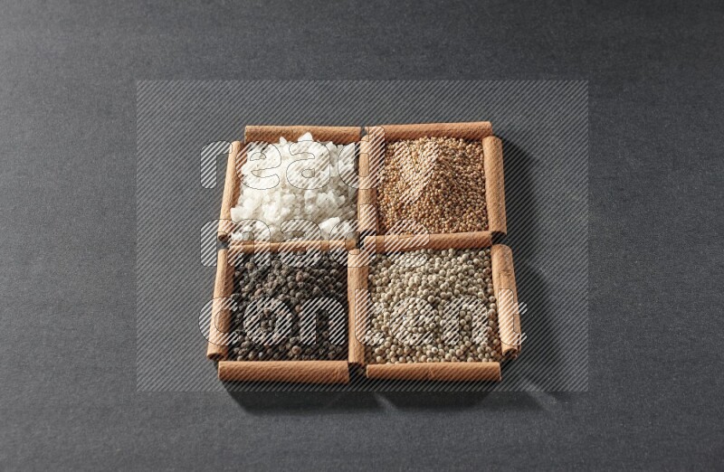 4 squares of cinnamon sticks full of black pepper, white pepper, white salt and mustard seeds on black flooring