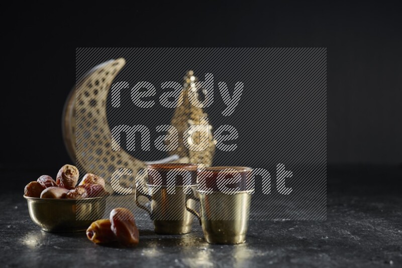 Dates with hot drinks and golden lanterns in a dark setup