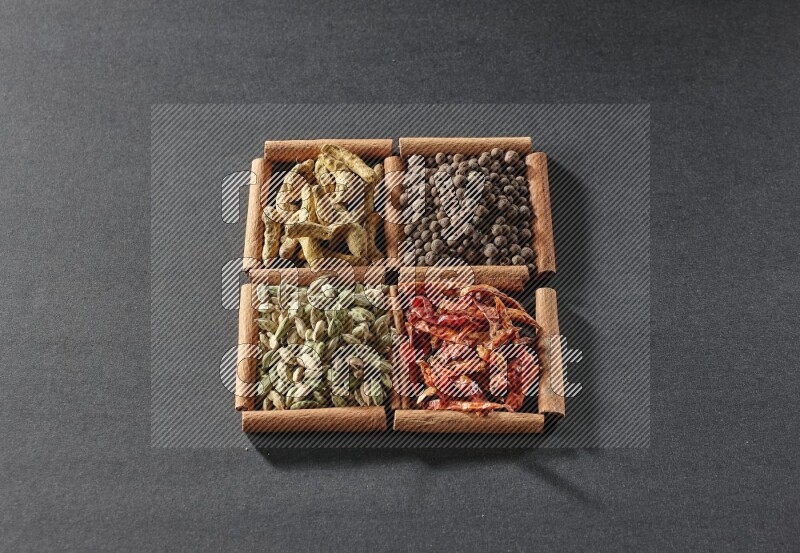 4 squares of cinnamon sticks full of cardamom, dried red chilis, allspice and turmeric fingers on black flooring