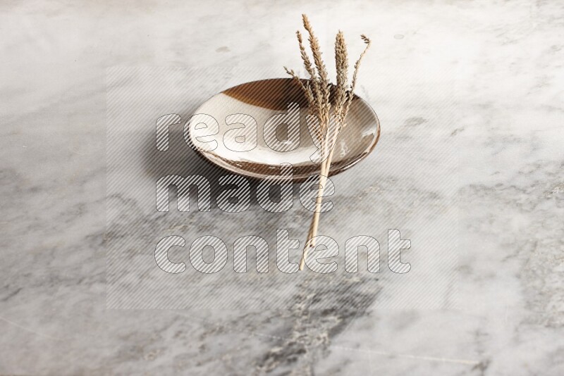 Wheat stalks on multicolored pottery plate on grey marble background