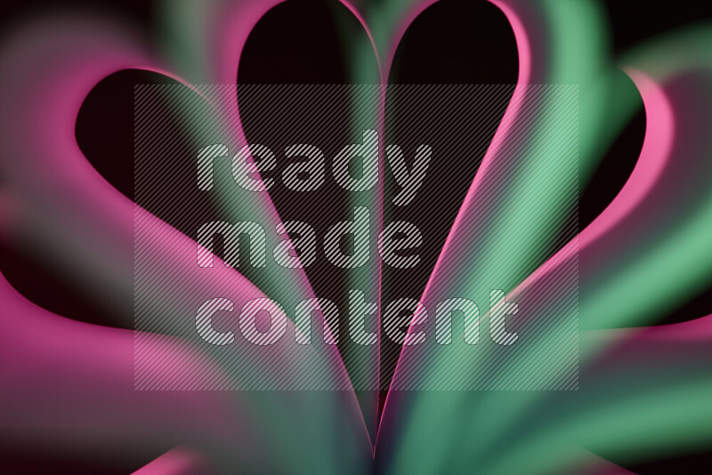 An abstract art piece displaying smooth curves in pink and green gradients created by colored light