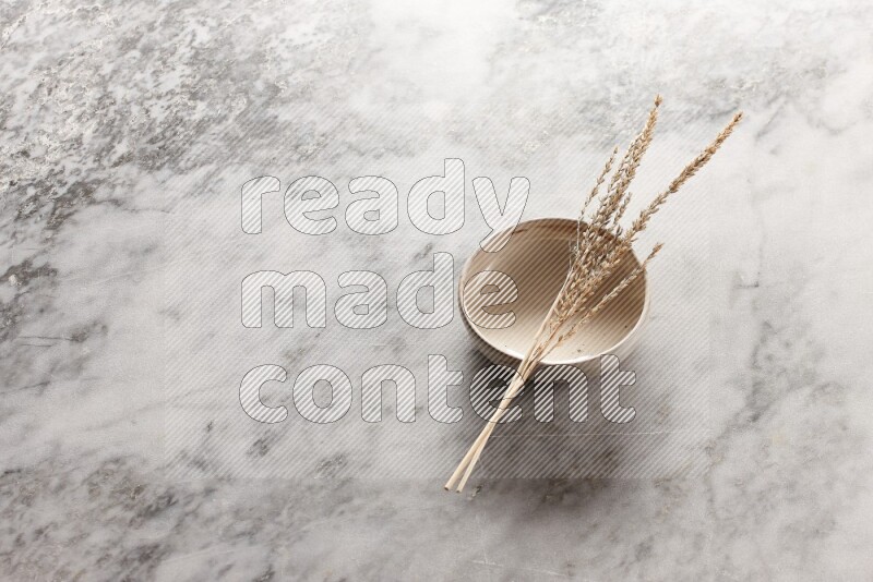 Wheat stalks on Beige Pottery Bowl on grey marble flooring, 45 degree angel