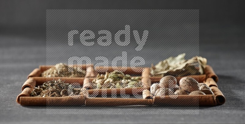 9 squares of cinnamon sticks full of cardamom in the middle surrounded by nutmeg, cinnamon, bay laurel leaves, cloves, cumin, dried ginger, dried basil and star anise on black flooring