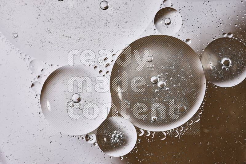 Close-ups of abstract oil bubbles on water surface in shades of white and brown