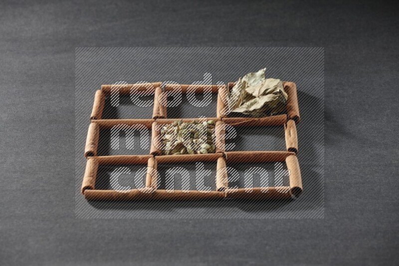 9 squares of cinnamon sticks full of cardamom in the middle surrounded by nutmeg, cinnamon, bay laurel leaves, cloves, cumin, dried ginger, dried basil and star anise on black flooring