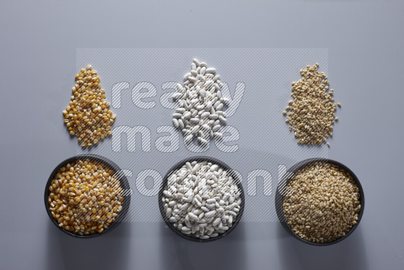 Legumes in pottery bowls on light grey background