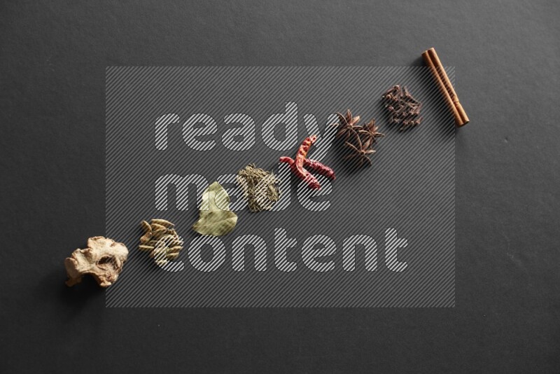 Cinnamon, cloves, star anise, chilis, cumin, laurel leaves bay, cardamom and ginger lined on a black background