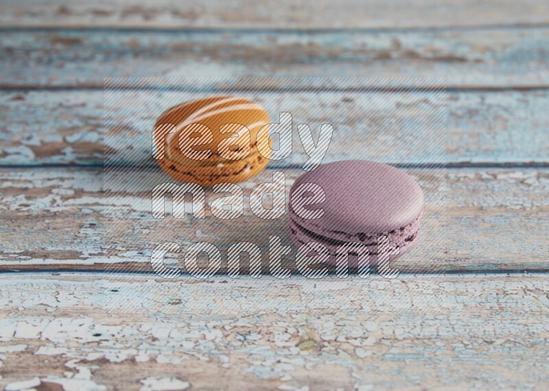 45º Shot of of two assorted Brown Irish Cream, and Purple Blueberry macarons  on light blue background