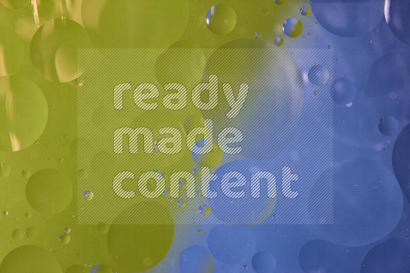 Close-ups of abstract oil bubbles on water surface in shades of blue and green