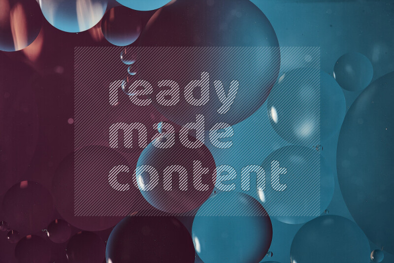 Close-ups of abstract oil bubbles on water surface in shades of blue and purple