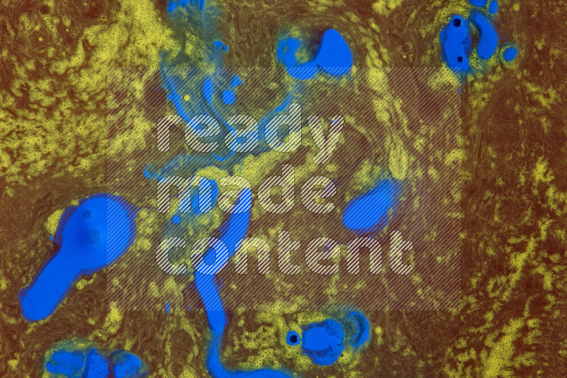 The image depicts a marbling effect with swirling patterns of red, blue and yellow