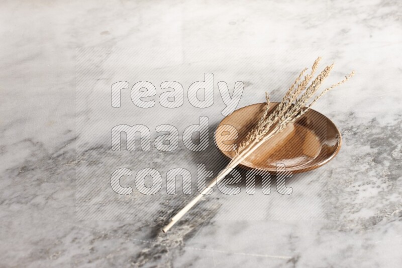 Wheat stalks on multicolored pottery plate on grey marble background
