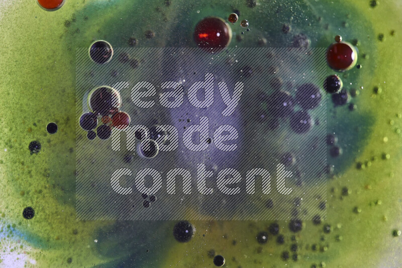 Close-ups of abstract red, green and blue watercolor drops on oil Surface on green background