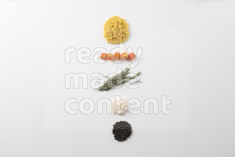 Red sauce pasta recipes ingredients on white background