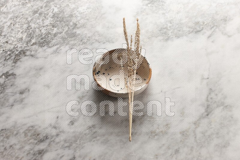 Wheat stalks on multicolored pottery bowl on grey marble background
