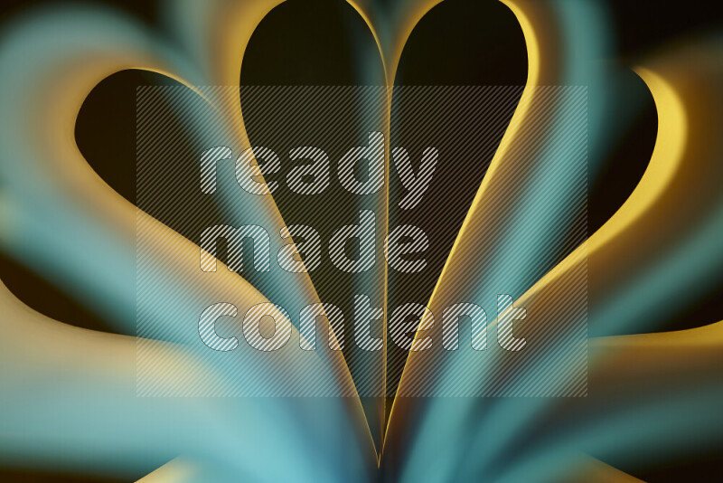 An abstract art piece displaying smooth curves in yellow and green gradients created by colored light