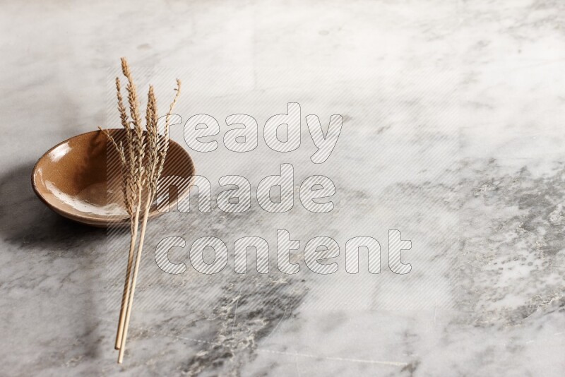 Wheat stalks on multicolored pottery plate on grey marble background