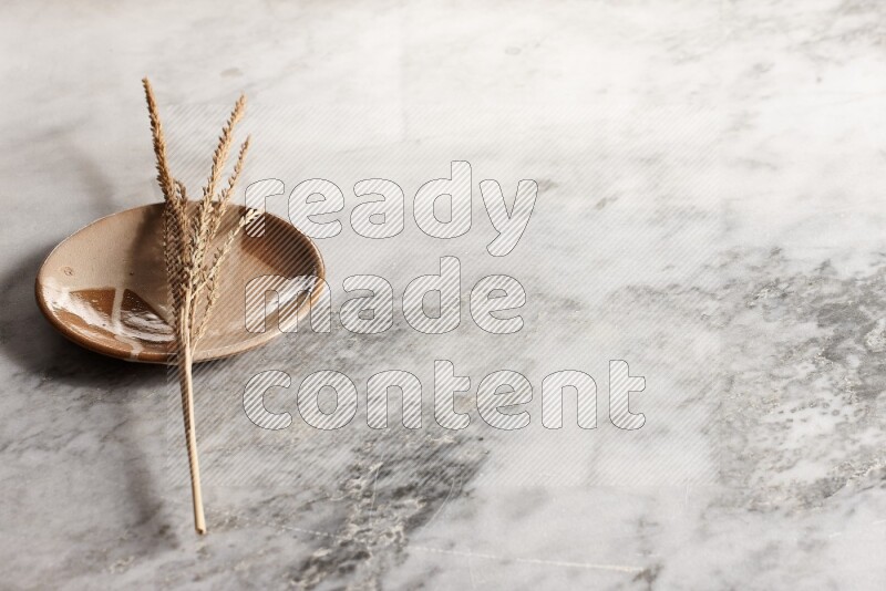 Wheat stalks on multicolored pottery plate on grey marble background
