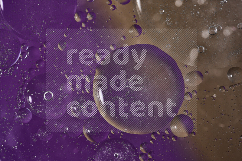 Close-ups of abstract oil bubbles on water surface in shades of purple and brown