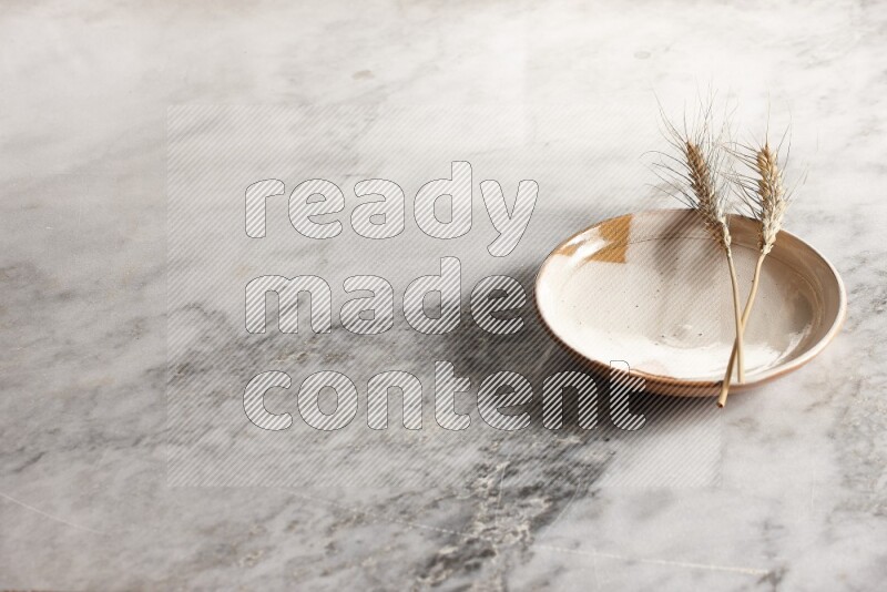 Wheat stalks on multicolored pottery plate on grey marble background
