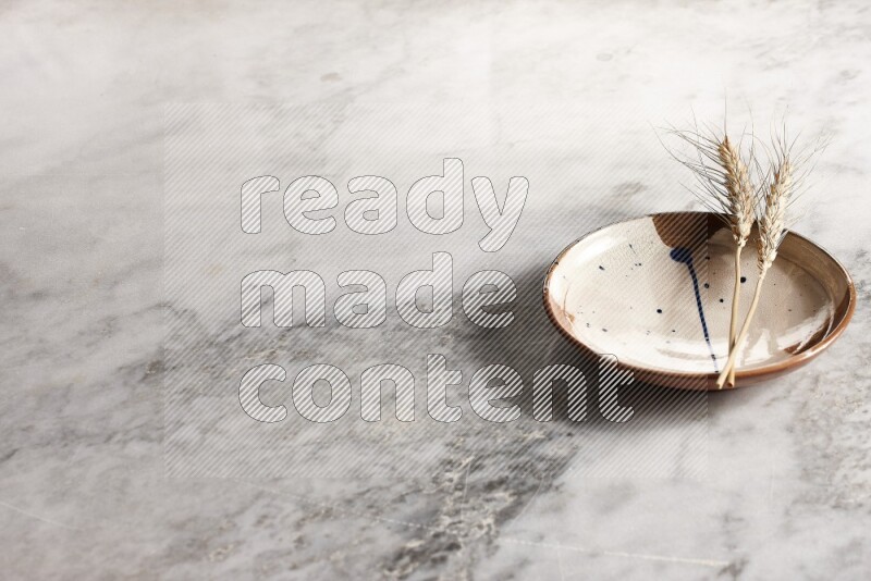 Wheat stalks on multicolored pottery plate on grey marble background