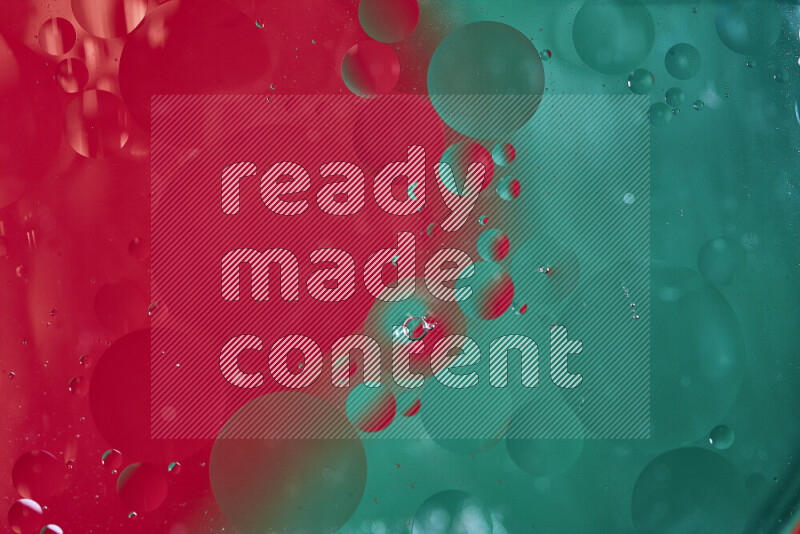 Close-ups of abstract oil bubbles on water surface in shades of green and red