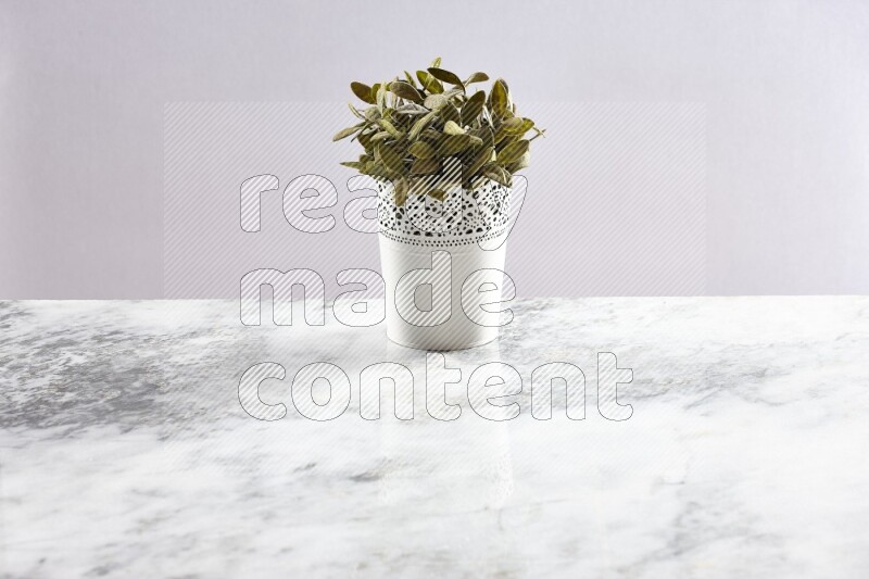 Green artificial plant in white decorative pot on grey marble background