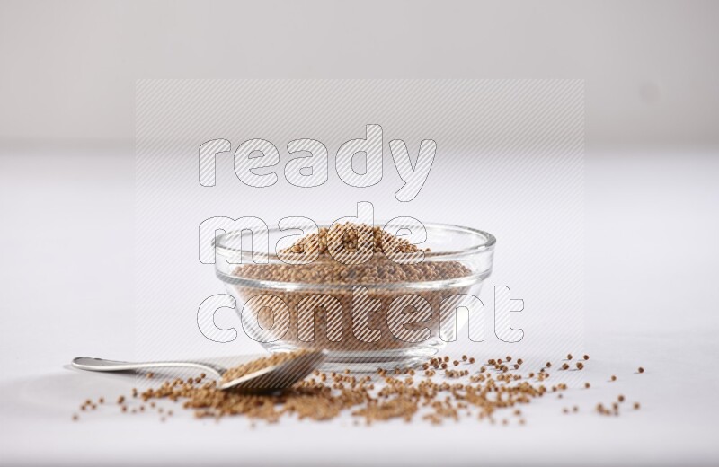 A glass bowl and metal spoon full of mustard seeds on a white flooring