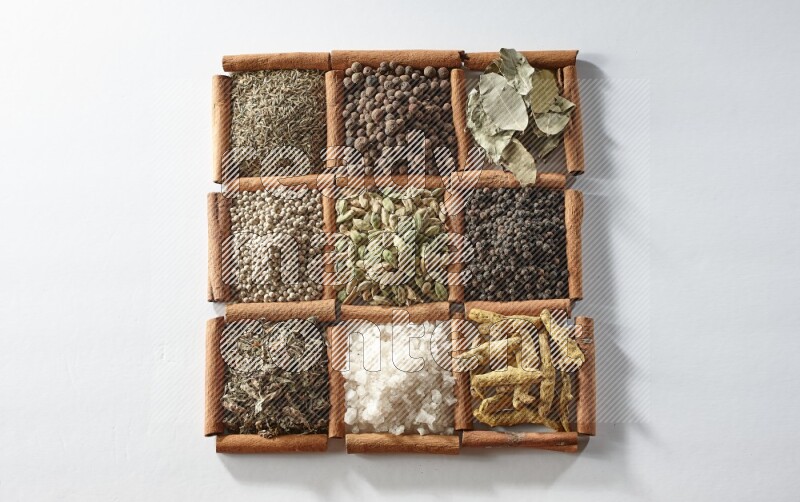 9 squares of cinnamon sticks full of cardamom in the middle surrounded by turmeric, salt, dried basil, white pepper, cumin, allspice, bay laurel leaves and black pepper on white flooring