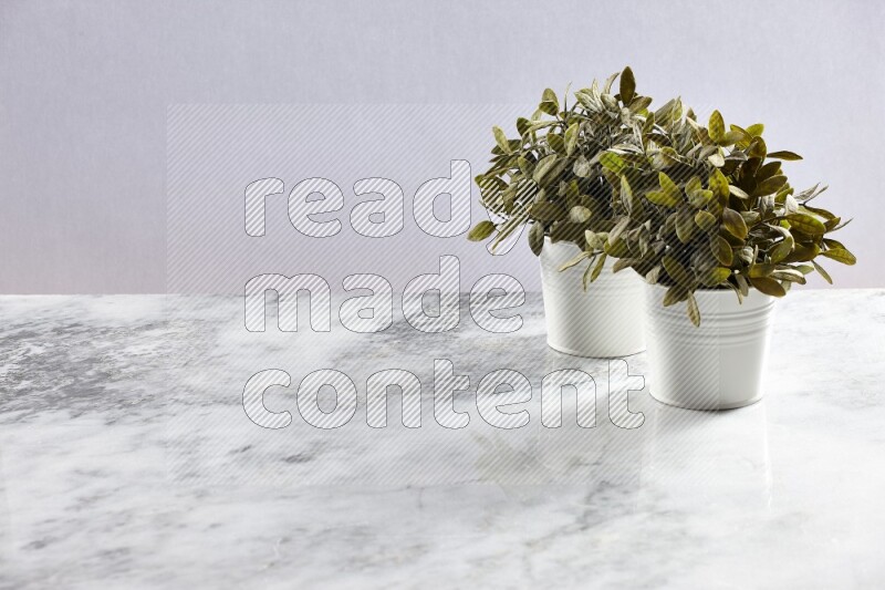 Two green artificial plants in white pot on grey marble background