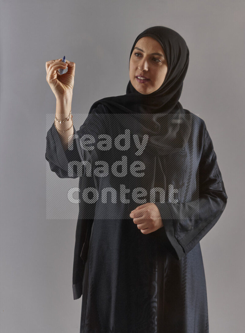 Woman in black abaya and hijab holding a marker pen to write on a transparent board with different reactions and expressions on grey background
