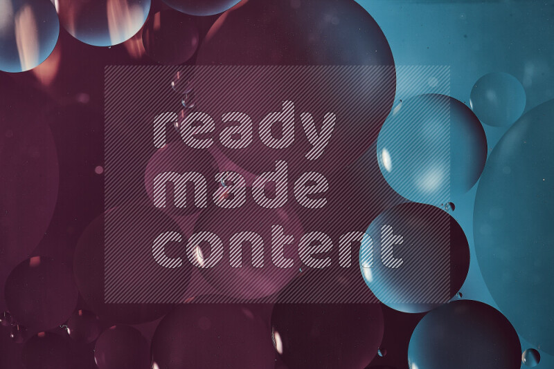 Close-ups of abstract oil bubbles on water surface in shades of blue and purple