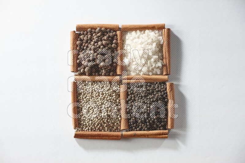 4 squares of cinnamon sticks full of allspice, white salt, white pepper and black pepper on white flooring