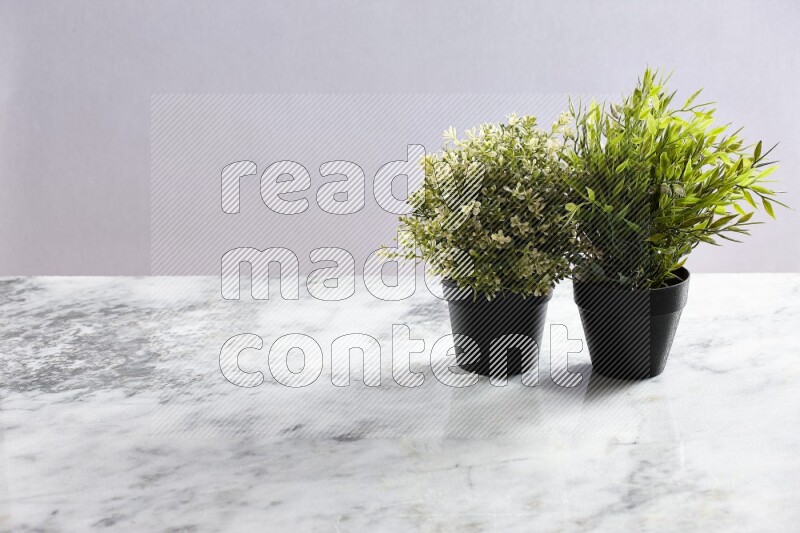 Two different green artificial plants in black pot on grey marble background
