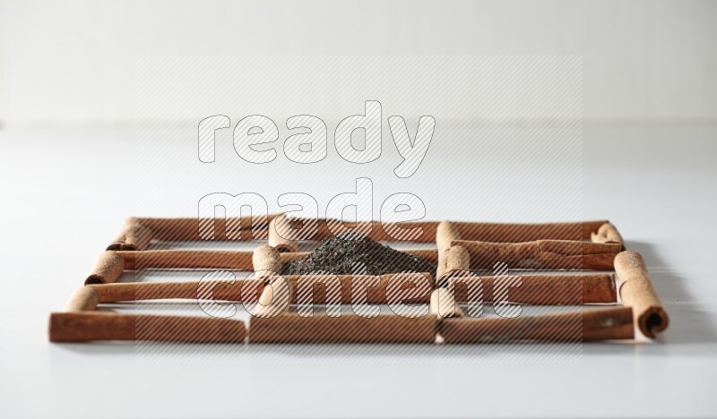 9 مربعات من أعواد القرفة ممتلئة بالشاي في المنتصف محاطة بجوزة الطيب والنعناع المجفف والقرنفل والريحان المجفف والزنجبيل المجفف والقرفة واليانسون والهيل على أرضية بيضاء