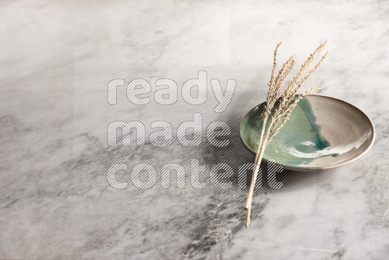 Wheat stalks on multicolored pottery plate on grey marble background