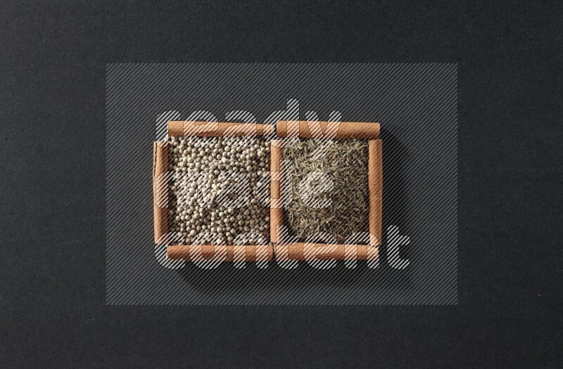 2 squares of cinnamon sticks full of white peppers and cumin on black flooring