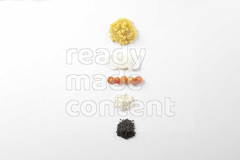 Red sauce pasta recipes ingredients on white background