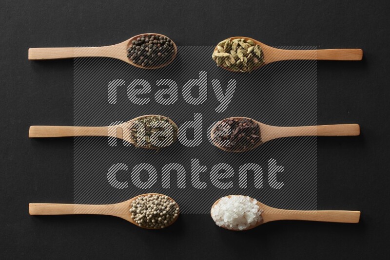 الفلفل الأبيض والقرنفل والهيل والملح والفلفل الأسود وريحان مجفف في معالق خشبية علي خلفية سوداء