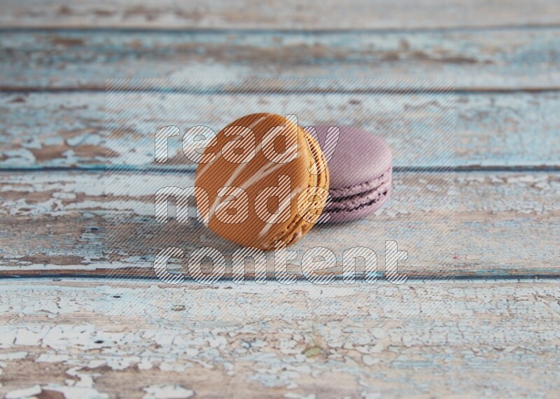 45º Shot of of two assorted Brown Irish Cream, and Purple Blueberry macarons  on light blue background