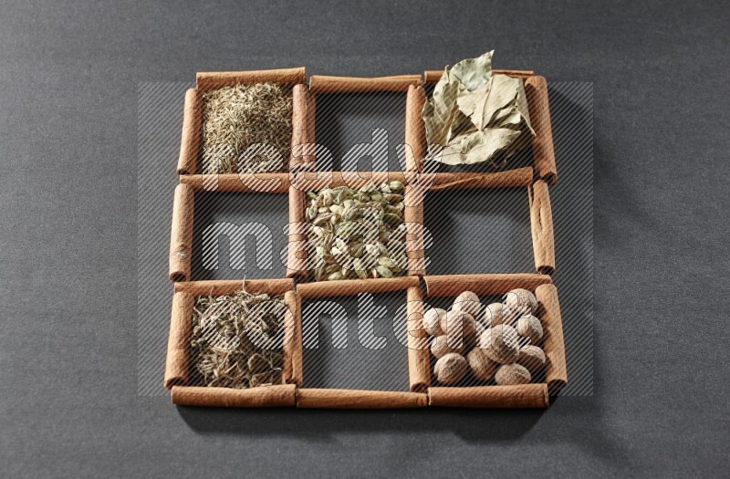9 squares of cinnamon sticks full of cardamom in the middle surrounded by nutmeg, cinnamon, bay laurel leaves, cloves, cumin, dried ginger, dried basil and star anise on black flooring