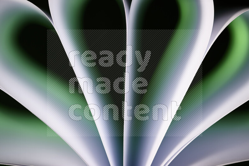 An abstract art piece displaying smooth curves in green and white gradients created by colored light