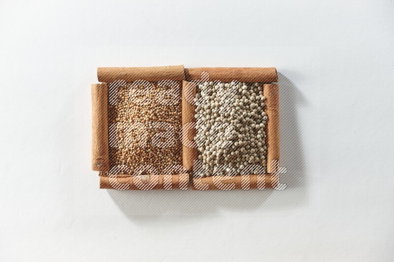 2 squares of cinnamon sticks full of mustard seeds and white pepper on white flooring