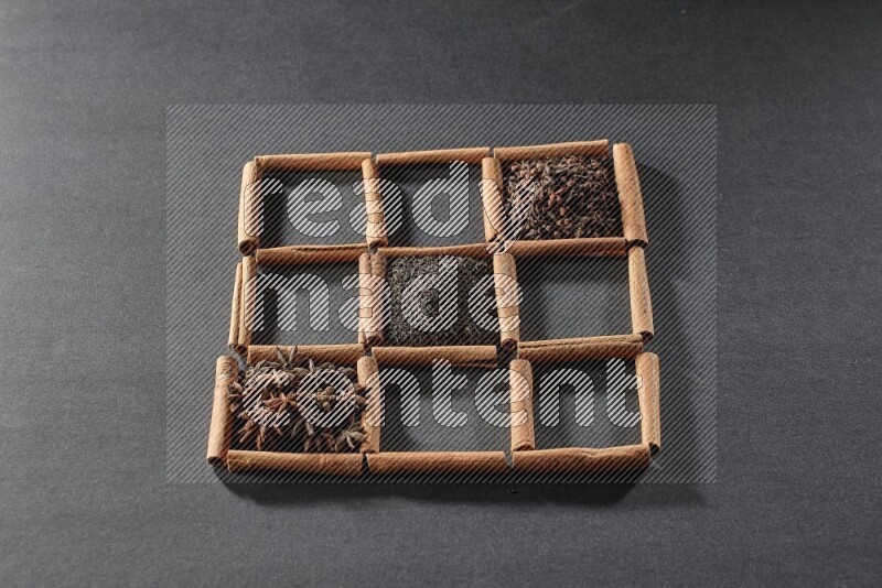 9 squares of cinnamon sticks full of tea in the middle surrounded by nutmeg, dried mint, cloves, dried basil, dried ginger, cinnamon, star anise and cardamom on black flooring